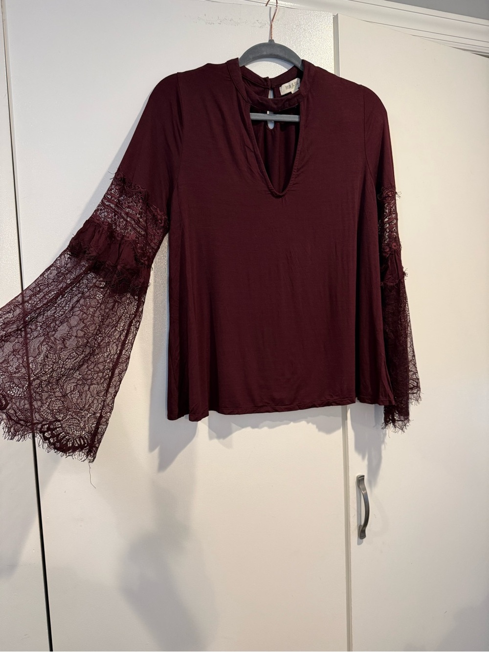 Taylor & Sage Burgundy Lace Bell-Sleeve Blouse